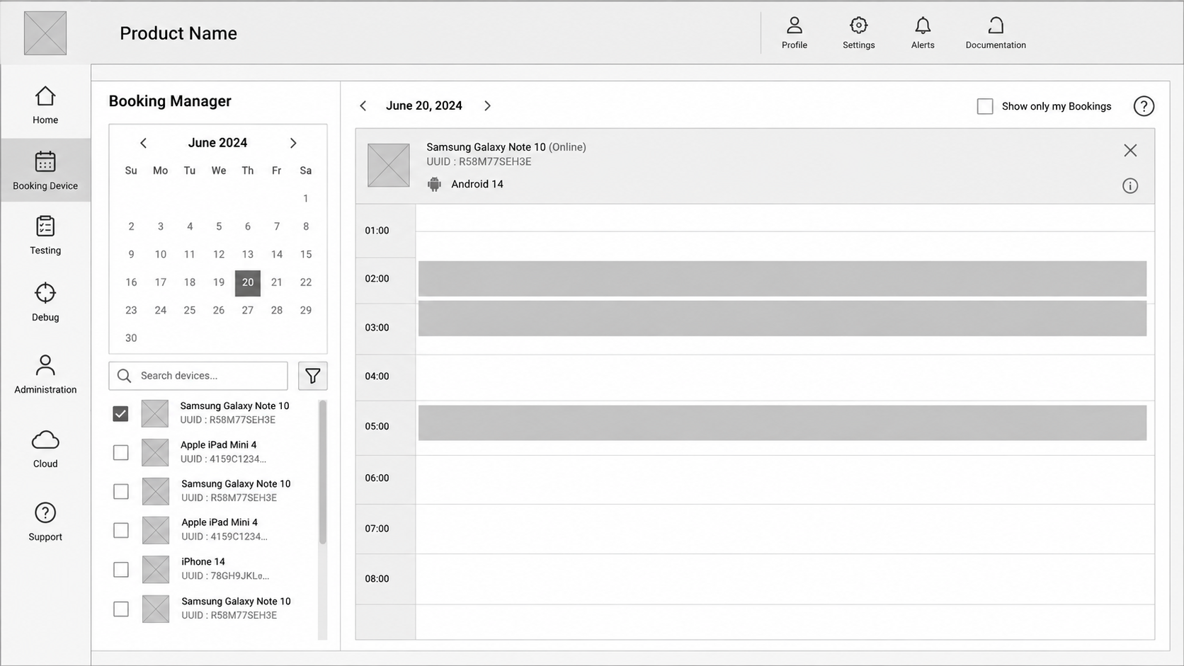 Booking manager wireframe with calendar, device search list and hourly booking timeline