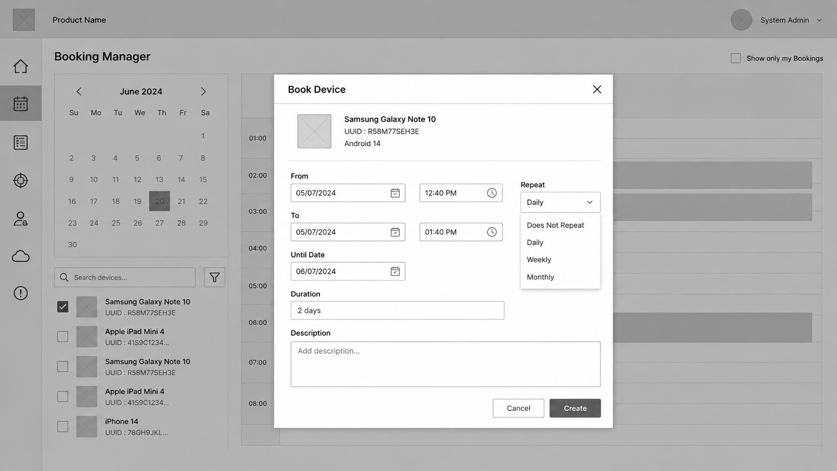 Book device confirmation dialog wireframe with date, time, repeat and description fields