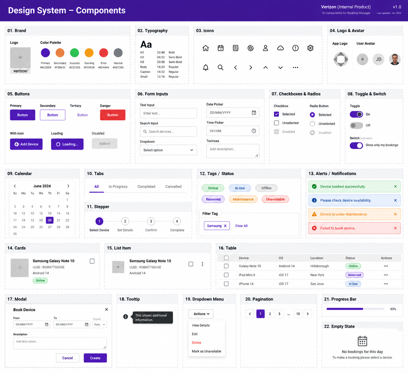 Snap Automation design system components including typography, icons, controls, cards, tables, dialogs, and status patterns